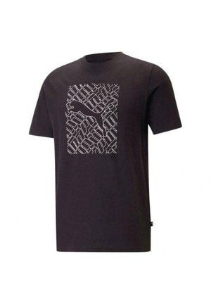 Maglietta nera in cotone con un motivo grafico bianco e il logo Puma in un design rettangolare al centro. Maniche corte e collo rotondo.