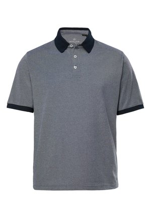 Polo a maniche corte grigio con colletto blu navy. Presenta una pattina con tre bottoni e polsini a costine. Tessuto leggero e testurizzato.