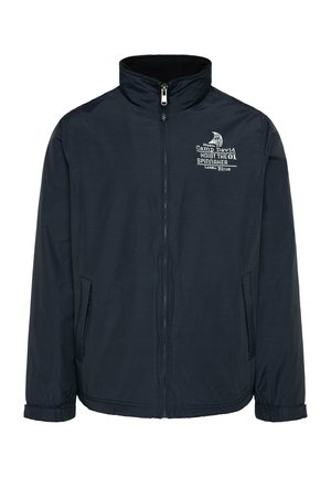 Navy blue zip-up jacket with high collar, featuring a front logo print, elastic cuffs, and side pockets. Smooth, lightweight fabric.