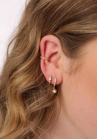 Gouden hoepeloorbellen met heldere rhinestones en een hartvormige bedel, die verschillende maten en schikkingen op het oor presenteren.