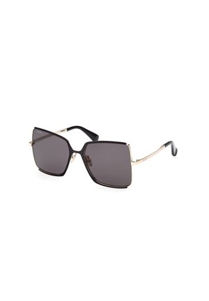 Black and gold sunglasses with a square frame, dark tinted lenses, and textured black temple arms. Features gold accents on the frame.