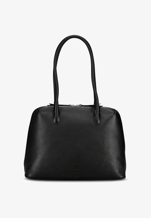 Schwarze strukturierte Lederhandtasche mit zwei langen Schulterriemen und einem oberen Reißverschlussverschluss.