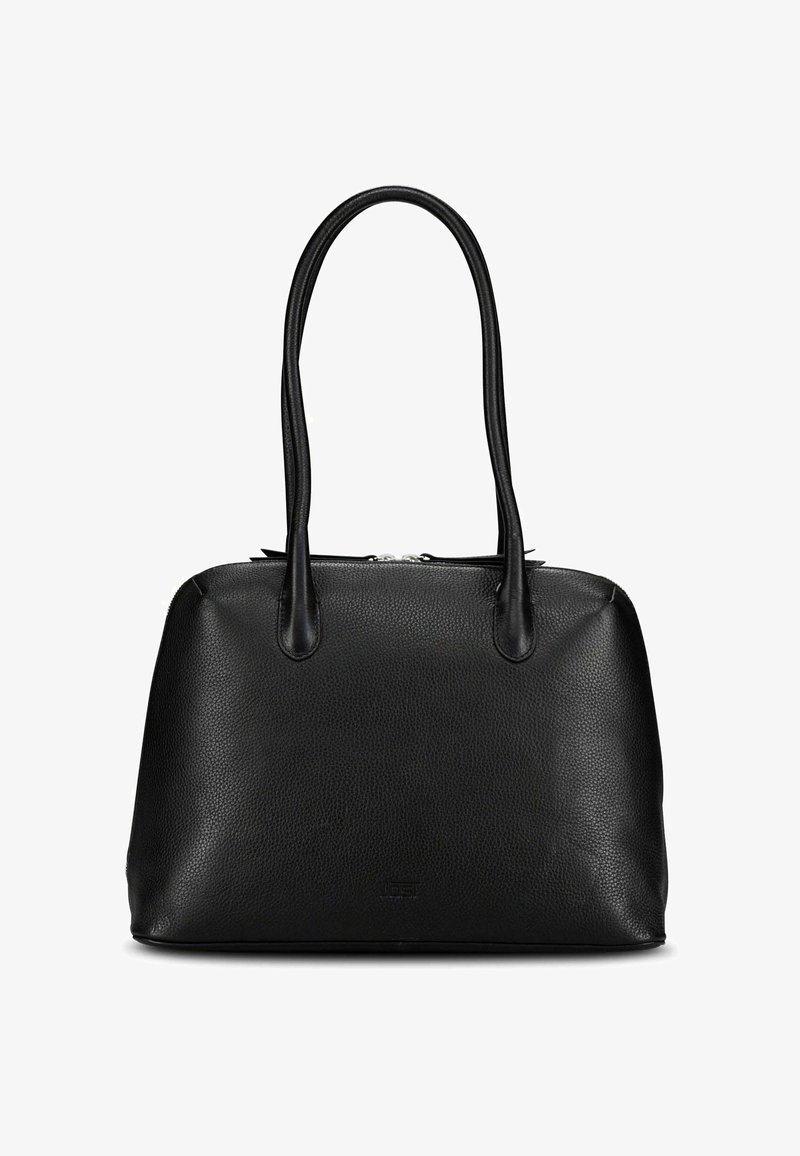 Sac à main en cuir noir texturé avec deux longues bandoulières et une fermeture éclair sur le dessus.