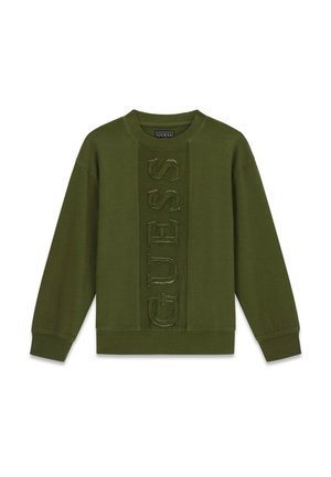 Felpa verde oliva a maniche lunghe con scollo rotondo, polsini e bordo a costine, con logo GUESS verticale e testurizzato al centro davanti.