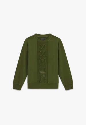 Olivgrünes Sweatshirt mit Rundhalsausschnitt und langen Ärmeln, mit gerippten Bündchen und Saum, ausgestattet mit einem vertikal strukturierten GUESS-Logo in der Mitte vorne.