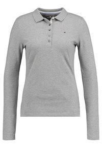 Graues Langarm-Polohemd aus Baumwollmix mit Kragen, Knopfleiste mit fünf Knöpfen und kleinem Logo auf der Brust.