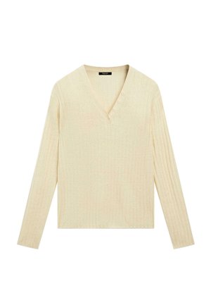 Kremfarvet ribstrikket sweater med lange ærmer, V-udskæring og tre knapper langs den ene side af kraven.