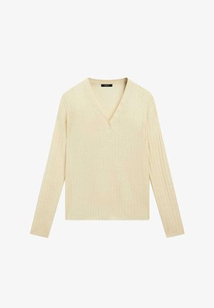 Kremfarvet ribstrikket sweater med lange ærmer, V-udskæring og tre knapper langs den ene side af kraven.