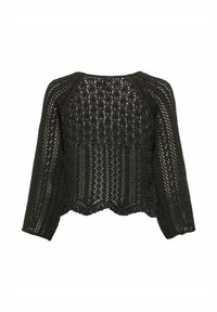 Pull noir en tricot ajouré avec des manches trois quarts, ourlet festonné et un motif texturé, présentant une coupe ample et courte.