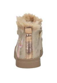Lichtbeige enkellaars met een faux fur kraag en gouden accenten. Heeft een kattenontwerp in roze en wit aan de zijkant. Rubberen zool.