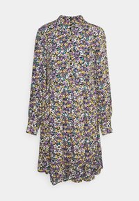 Blumenkleid mit langen Ärmeln, hohem Kragen, schwarzem Grund und mehrfarbigen Blumenmustern in Lila, Gelb und Grün. Weicher Stoff, lockerer Schnitt.