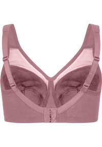 Soutien-gorge mauve avec une texture douce, présentant des panneaux en dentelle, un design en V, des bretelles ajustables et une fermeture à trois crochets à l'arrière.