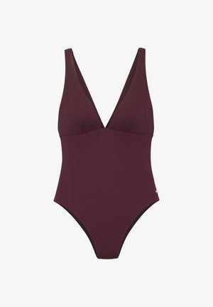 Tamnocrvena rebrasta jednodijelna kupaći kostim s V-izrezom i širokim naramenicama, dizajniran za uski siluet.