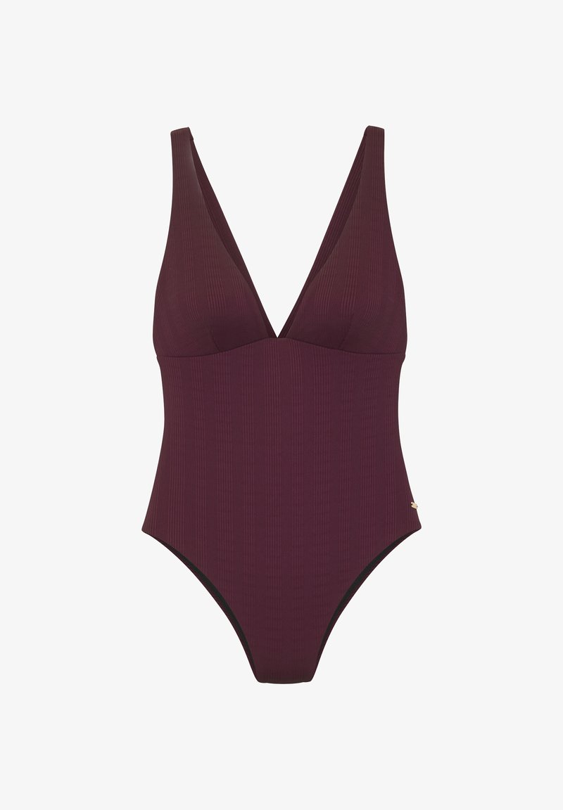 Temno burgundska rebrasta enodelna kopalka z V-izrezom in širokimi naramnicami, zasnovana za oprijet silhueto.