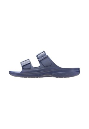 Sandalo slip-on blu navy con due cinturini regolabili con fibbia e suola testurizzata, progettato per un uso casual.