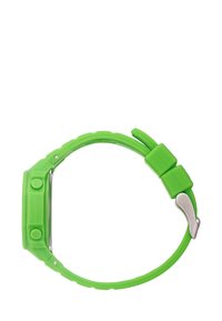 Orologio in silicone verde con quadrante rettangolare, due pulsanti laterali e una fibbia in acciaio inossidabile. Presenta un cinturino testurizzato.