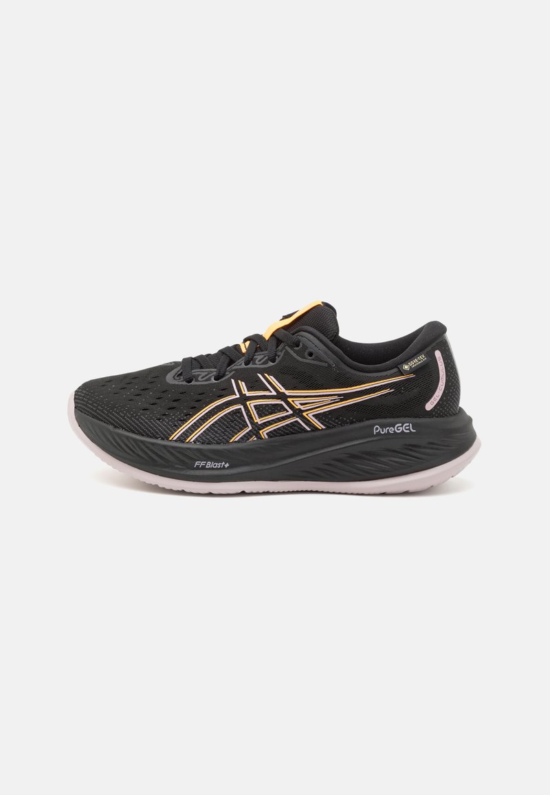 Black athletic shoe with a mesh upper, accented by orange and white details. Features a cushioned sole with 'FFBlast+' and 'PureGEL' branding.