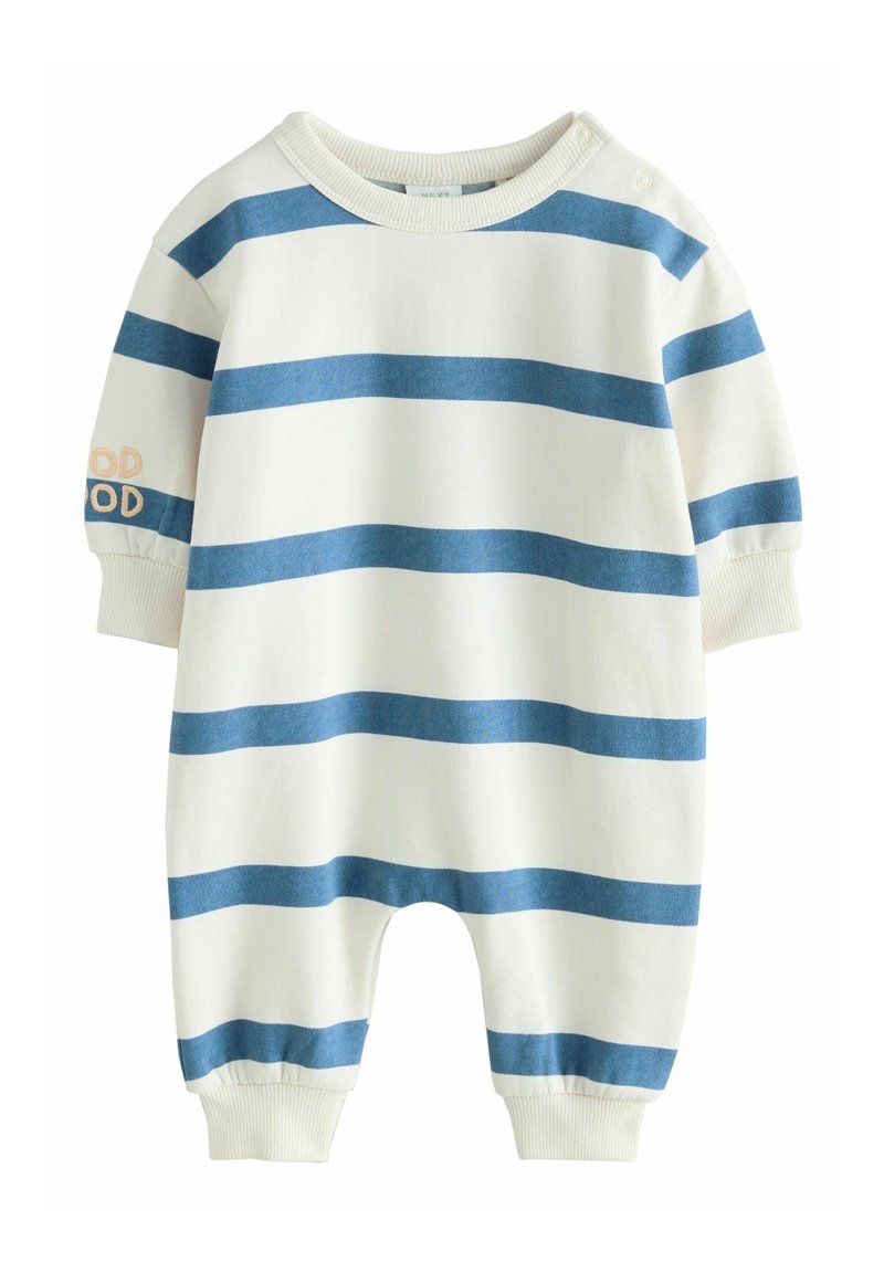 Romper a righe bianco e blu, con maniche lunghe, chiusure a pressione sulla spalla e polsini elasticizzati per una vestibilità sicura.