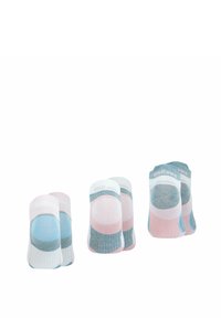 Chaussettes en coton colorées avec un mélange de rose, bleu et gris, dotées d'un talon et d'un orteil renforcés, et d'une texture douce et extensible.