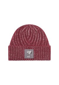 Knit beanie in burgundy with a ribbed design, featuring a gray label depicting a cartoon dog. Textured, casual fit.