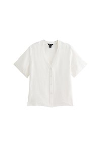 Bílá košile s krátkými rukávy, výstřihem do V a zapínáním na knoflíky. Vyrobená z texturované látky, s volným střihem a jemnými šicími detaily.