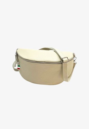 Cream leather shoulder bag with a curved shape, zip closure, and adjustable strap. Features a small Italian flag accent.
