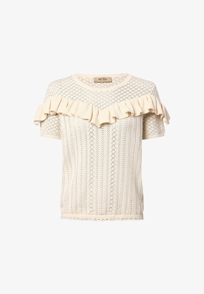 Camiseta de punto crema con un patrón de diamantes texturizado, mangas cortas y un escote con volantes. La tela presenta una textura suave y ligera.