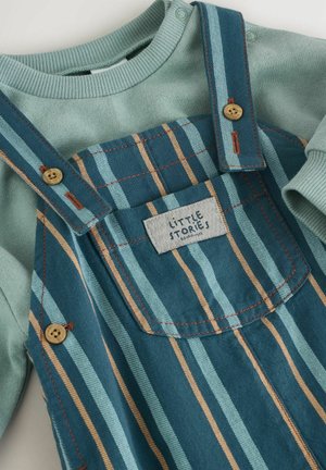 Blaue und türkis gestreifte Baumwoll-Latzhose mit Holzknöpfen, ausgestattet mit einer Fronttasche und einem hellgrünen Langarmshirt darunter.