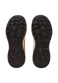 Suola in gomma nera con un motivo testurizzato multi-direzionale. Lati di un beige chiaro e una parte superiore beige. Logo 'reima' visibile sulle suole.
