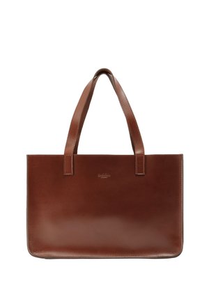 Sac fourre-tout en cuir marron avec deux poignées et un logo délicatement embossé au centre, forme rectangulaire, finition lisse.