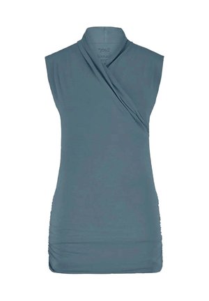 Ärmelloses Top aus gedämpftem blauen Stoff mit Wickeldesign. Verfügt über geraffte Seitendetails und einen hohen Halsausschnitt für eine gefällige Silhouette.