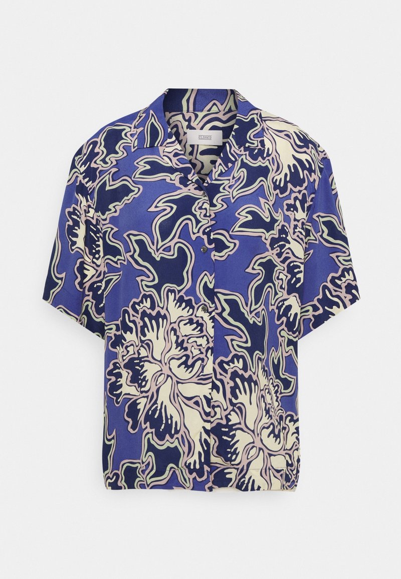 Blue short-sleeve shirt with abstract white and dark floral patterns. Features a relaxed fit and button-down front. Smooth fabric texture.