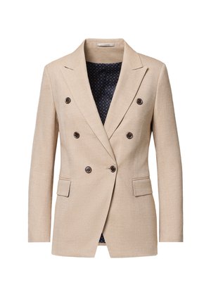 Beżowa marynarka dwurzędowa z sześcioma ciemnymi guzikami, klapami z wycięciem, kieszeniami z patką i Granatową wzorzystą podszewką.