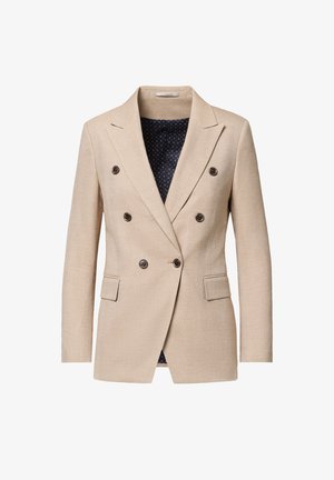 Beżowa marynarka dwurzędowa z sześcioma ciemnymi guzikami, klapami z wycięciem, kieszeniami z patką i Granatową wzorzystą podszewką.