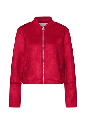 Rød ruskindjakke med frontlynlås, stående krave, lange ærmer samt to sidelommer med trykknapper.