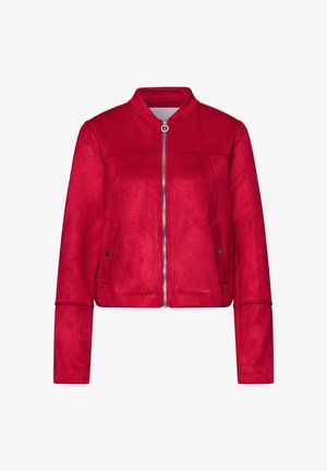 Veste en daim rouge avec fermeture éclair à l'avant, col montant, manches longues et deux poches latérales avec boutons-pression.