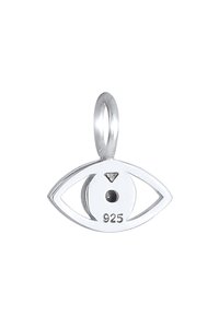 Ciondolo argento a forma di occhi, con superficie lucida, presenta un'apertura centrale circolare e timbro "925" per autenticità. Anello per attacco.