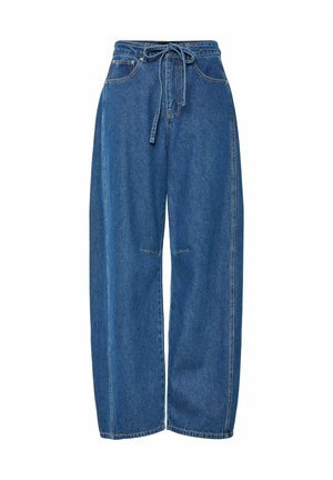 Modre široke jeans hlače iz denima s pasom na vrvico, ki vključujejo sprednje žepke in ravno spodnji rob. Tkanina ima gladko teksturo z diskretnim šivom.