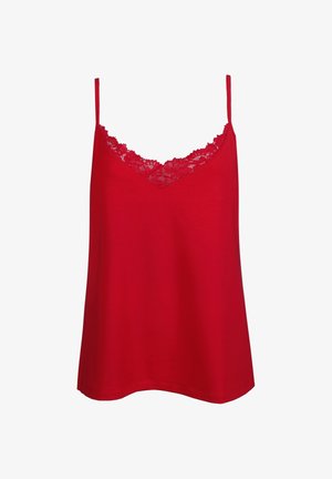 Rode mouwloze cami met dunne bandjes en een kanten rand langs de V-hals, weergegeven op een witte achtergrond.