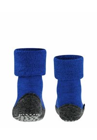 Calzini di tessuto blu con un risvolto; suole grigie e testurizzate con punti bianchi antiscivolo. Materiale morbido; design a altezza caviglia.