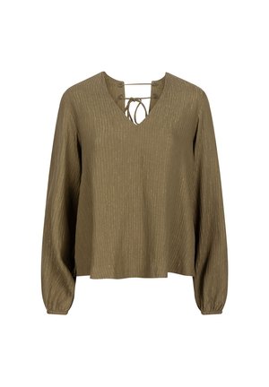 Olijfgroene blouse met lange mouwen, een V-hals en veterdetail. Geribbelde textuur, losse pasvorm en elastische manchetten.