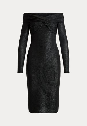 Μαύρο φόρεμα χωρίς ώμους με μακριά μανίκια, υφασμάτινη υφή, εφαρμοστή σιλουέτα και στρογγυλεμένο σχέδιο στον λαιμό.