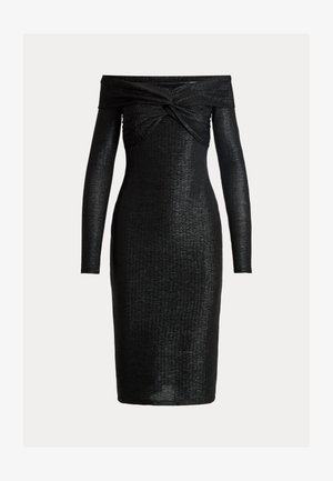 Vestido negro sin mangas con cuello de barco, con mangas largas, tejido texturizado, silueta ceñida y un diseño retorcido en el escote.