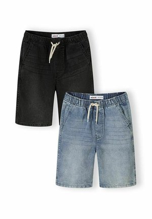 Dwie pary dziecięcych spodenek jeansowych, jedna czarna, druga jasnoniebieska, obie z elastycznymi pasami i białymi sznurkami.