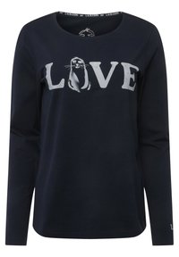 Langärmliges Navy-T-Shirt aus Baumwolle, mit "LOVE" in silberner Druckschrift, wobei ein Siegel-Design im Buchstaben "O" integriert ist.