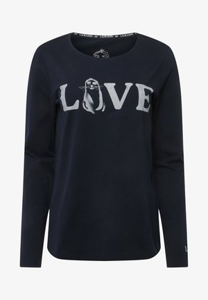 Granatowa koszulka z długim rękawem wykonana z bawełny, z napisem "LOVE" w srebrnym druku, gdzie grafika pieczęci jest zintegrowana z literą "O."