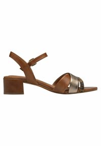 Brune lædersandal med en metallisk bronze rem og en leopardmønster accent. Har en blokhælh og justerbar ankelrem.