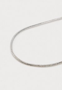 Gros plan d'un collier en chaîne snake argentée sur un fond blanc, mettant en valeur son design lisse, ses maillons serrés et sa forme courbée.