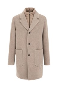 Beige wollen blend jas met drie donkere knopen, twee grote voorkruiszakken en een binnenste gequilte ritskraaglaag.