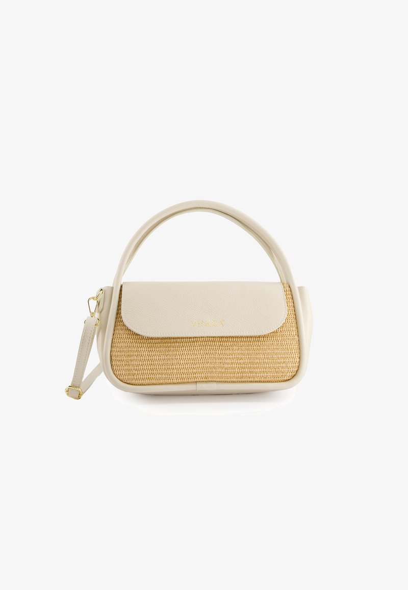 Cremefarvet håndtaske med en vævet rattan-front. Har en struktureret form, glat lædertekstur og en guldfarvet lukning. Justerbar rem inkluderet.